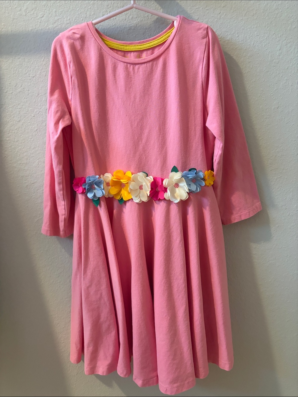 Pink Long-Sleeve Dress with Multi-Color Floral Belt